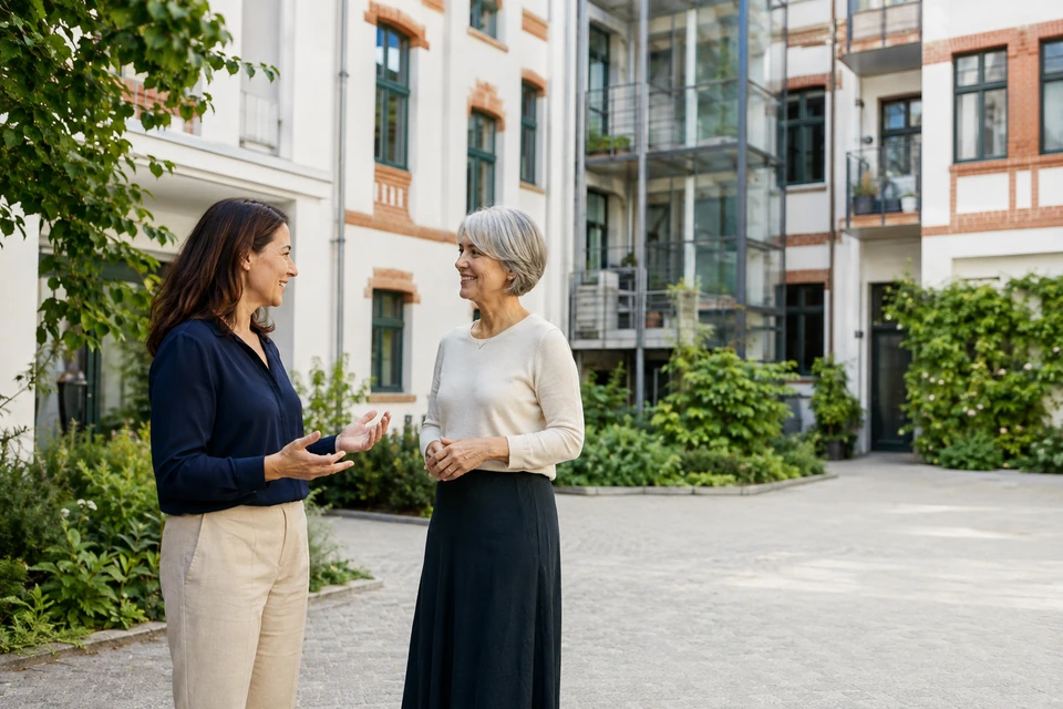 Symbolisches Gespräch zweier Frauen in einem Berliner Wohnhof